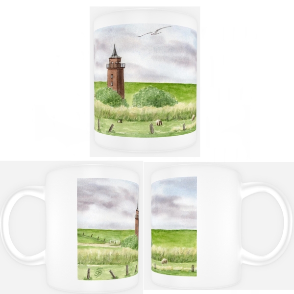 Tasse Becher Kaffeebecher  Aquarell Kunst Druck Kunstdruck Strandkorb Sonnenuntergang Dänemark Nordsee Dagebüll Leuchtturm mit Schafe - DB2